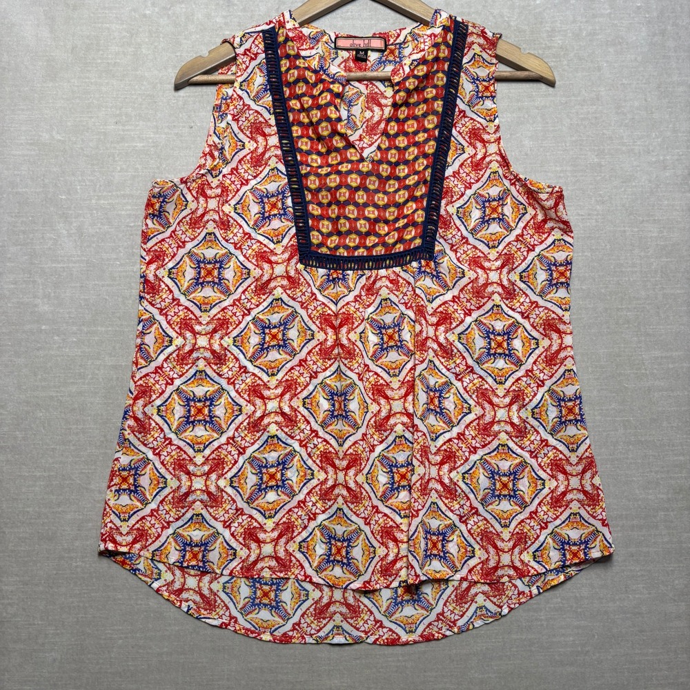 Olive Hill Sleeveless‎ Geometric Top Blouse Semi Sheer Boho Americana Size M